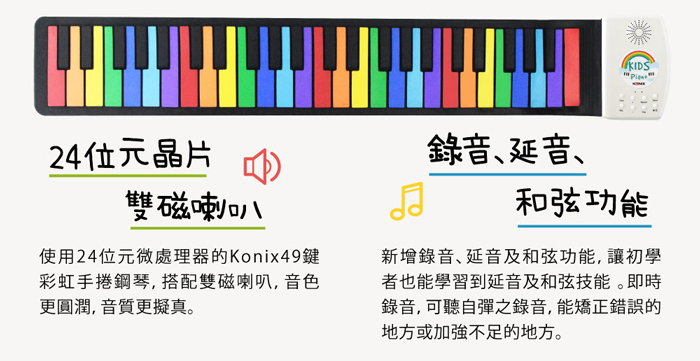Konix 49鍵彩虹兒童手捲鋼琴 錄音 延音 和弦